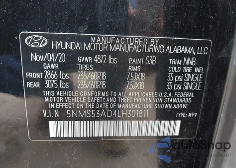 2020 Hyundai Santa Fe Limited/Ultimate z USA, uszkodzony, nr VIN 5NMS53AD4LH301811